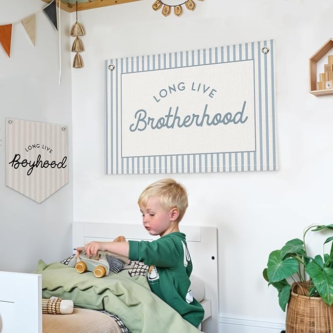 Lacama Blue Long Live Brotherhood Boys Room Decor, Boy Nursery Decor, Linen Banner Wall Hanging Canvas Banner Flag Decor for Toddler Boy Room Nursery 30x20 Inch