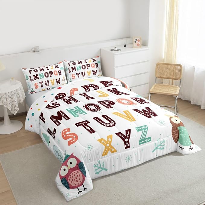 Feelyou Alphabet Kids ABC Learning Comforter Set Full Size Cartoon Owls Bedding Set for Kids Boys Girls Educational Nursery Art Duvet Quilt Wildlife Bedroom Decor 3 Pcs with 2 Pillow Cases