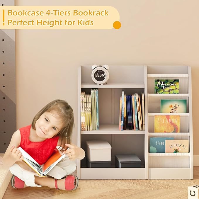 NACHES Montessori Kids Bookshelf Fabric Sling Pockets & Open Shelves – Front Facing Toddler Book Display and Toy Storage Organizer for Nursery Playroom or Bedroom 25" Wide (Gray, Small)