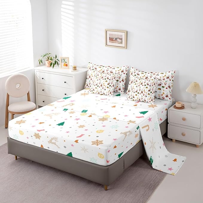 Christmas Kids Bed Set Cute Snowman Santa Claus Bed in a Bag Boys Girls Cute Reindeer Comforter Set with Sheets Christmas Bells Cartoon Design Bedding Set Bedroom Collection Full Size