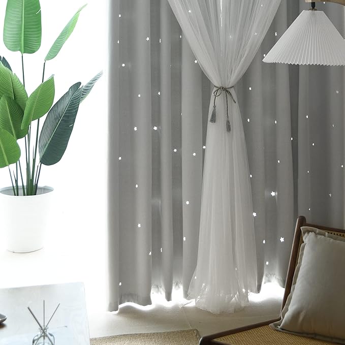 Kinryb Kids Star Cutout Curtains for Bedroom/Living Room/Classroom,2 Free Tiebacks Sheer Overlay 2 Panel Set, Double Layer Curtains for Kids Room(Each Piece W70 x L63 Inches 2 Pcs Greyish White)