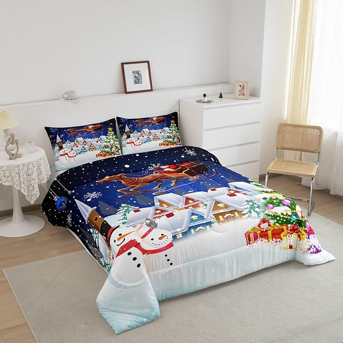 Manfei Christmas Comforter Set King Size, Snowman Xmas Tree Print Bedding Set 3pcs for Kids Boys Girls Room Decor, Santa Claus with Reindeer Down Comforter New Year Duvet Insert with 2 Pillowcases