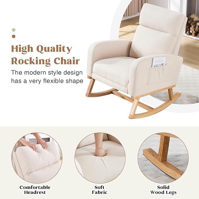 Rocking Chair Nursery, Nursing Rocking Chairs with Foot Rest for Mom Nursery, Glider Rocker Chair with Footrest and High Backrest for Living Room, Bedroom, Beige