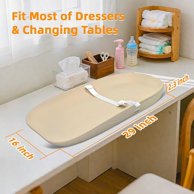 Non-Slip EVA Baby Changing Pad, Wipeable and Waterproof Diaper Changing Mat with Safety Belt, Soft Nursery Pad for Dresser or Table, Newborn to Toddler, Easy Wipe Clean Oat