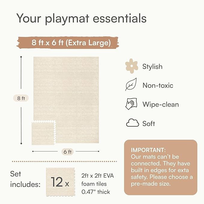 Lillefolk Baby Play Mat for Floor – 6x8ft Beige | Soft Non Toxic Premium EVA Foam Tiles for Tummy Time, Crawling & Playroom – Waterproof Interlocking Floor Mat for Babies & Toddlers (12 Tiles)