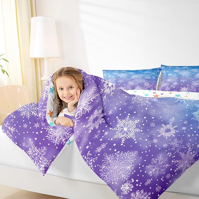 Feelyou Christmas Bedding Set Soft for Boys Girls, Winter Snowflake Comforter Set Toddler Size Purple Blue Gradient Duvet Quilt Microfiber Bedroom Decor 2 Pcs with 1 Pillow Cases