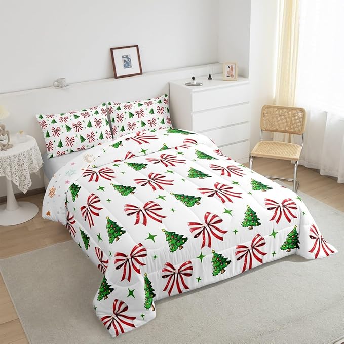 Manfei Merry Christmas Comforter Set Queen Size, Red Bow Green Tree Bedding Set 3pcs, New Year Theme Down Comforter for All Season, Kids Girls Room Decor, Lightweight Duvet Insert, 2 Pillowcases