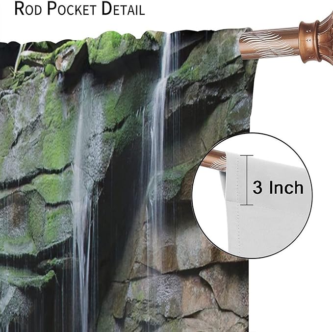 Forest Waterfall Blackout Windows Curtains, Rocky Waterfall to Pond Running Off Scenic Nature Themed Picture Print Curtains, for Living Room Bedroom 42x45in 2 Panels