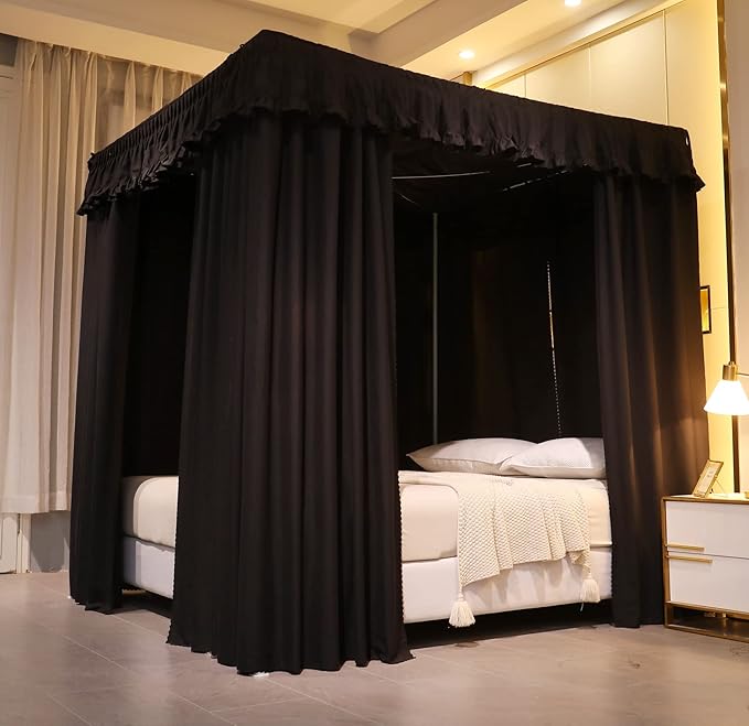 VETHIN Elastic Roof Style Four Corner Post Princess Bed Canopy Curtains Cozy Breathable Tent Canopy Mosquito Net for Girls & Adults Bedroom Decoration (Black, 70-78" W*86" L*82"*H/(King))