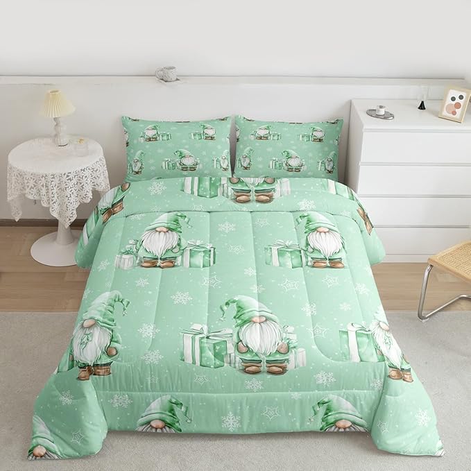 Feelyou Green Christmas Comforter Set All Season Scandinavian Christmas Santa Gnomes Bedding Set with 1 Pillow Cases Xmas Snowflake Kids Twin Bedclothes Bedroom Decor Breathable Soft