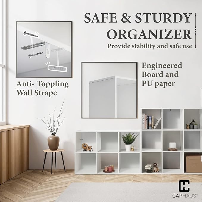 CAPHAUS 11-Inch Cube Storage Organizer Shelf, Home Storage Shelf Divider w/Back, 9-Cube Storage Bookcase, White
