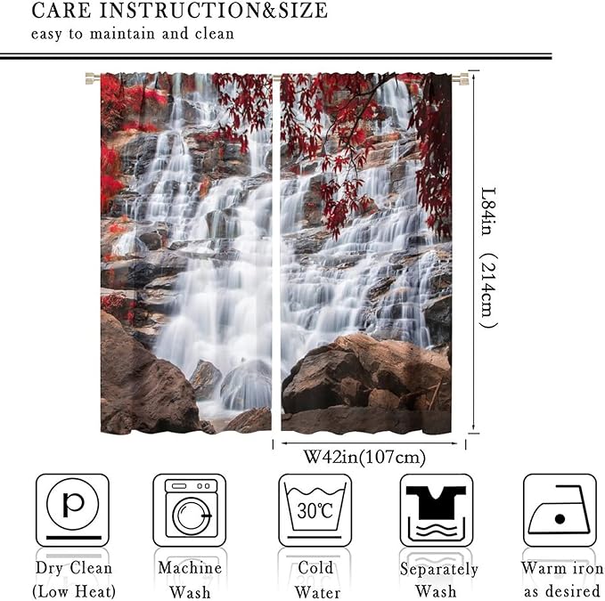 Waterfall Blackout Windows Curtains, Waterfall Red Forest Pattern Nature View Curtains, for Living Room Bedroom 84x84in 2 Panels
