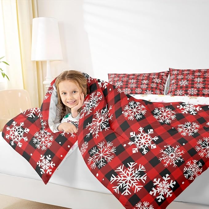 Feelyou Christmas Comforter Set Queen Size Red Black Plaid Bedding Set for Kids Boys Girls Winter Snow Duvet Quilt Snowflake Red Bedroom Decor Microfiber 3 Pcs with 2 Pillow Cases