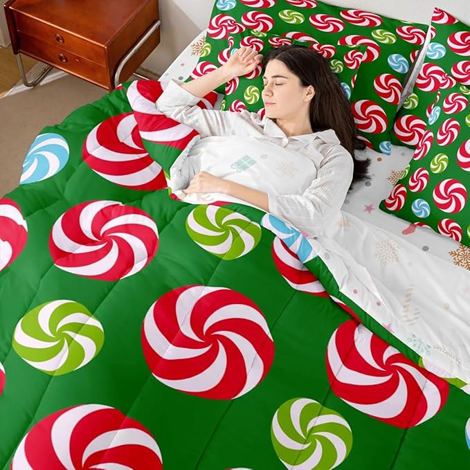 Feelyou Christmas Candy Comforter Set Queen Size 7 Pieces Cute Swirl Candy Bedding Set for Kids Boys Girls Red and Green Blue Sweet Bed in a Bag Reversible Xmas Decor Bedroom Quilted Breathable Soft
