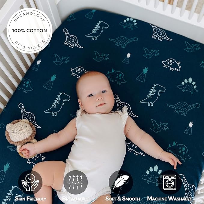 Dreamology Mini Crib Sheets, Pack and Play Sheets Fitted, 100% Cotton Mini Crib Sheets, Boy, Girl, Pack n Play Sheet, Crib Mattress Sheets, 24x38 Crib Sheets | Dino, Denim Blue