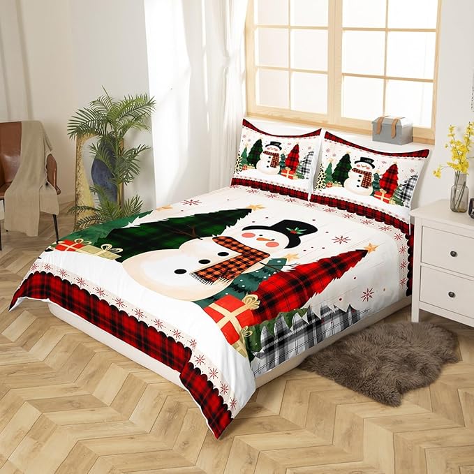 Manfei Snowman Duvet Cover Set Queen Size, Xmas Leopard Plaid Trees Snowflake Comforter Cover with 2 Pillowcases, Christmas Theme Bedding Set 3pcs for Kids Girl New Year Bedspread Cover,No Comforter