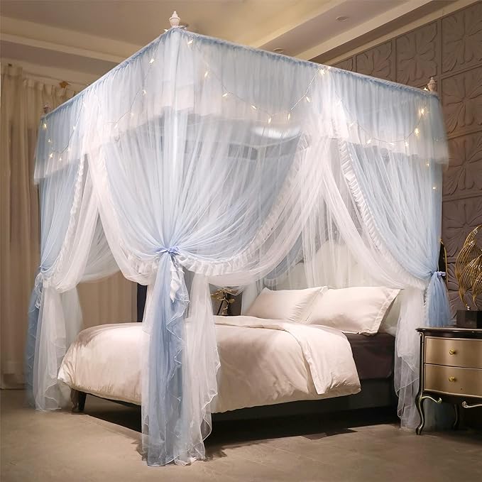VETHIN 4 Corners Post Ruffle Princess Bed Canopy Curtain-Double Layer Cozy Drape Netting 4 Opening Mosquito Net for Girls Adults Bedroom Decoration (Gray/White, 53" W*78" L*82"*H/(Full))