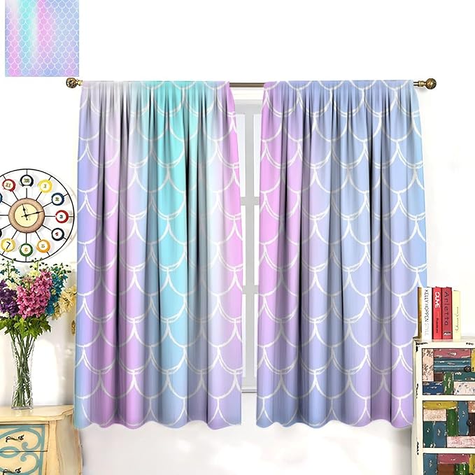 Fantasy Mermaid Curtain Rainbow Mermaid Scales Purple Pink Blue Ocean Theme Dream Blackout Window Treatment for Kids Boys Girls Bedroom Nursery Room Decor Rod Pocket Window Drapes 63x72in