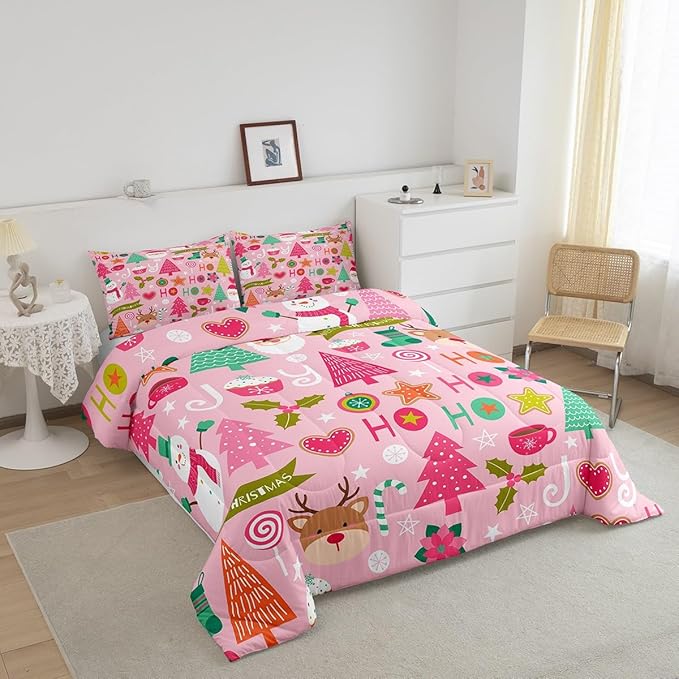 Merry Christmas Kids Comforter Set Full Size,Cartoon Santa Claus Snowman Bedding Set,Boys Girls Adults Room Decor,Christmas Trees Deer Cute Down Comforter,Pink Romantic Duvet Insert,2 Pillowcases