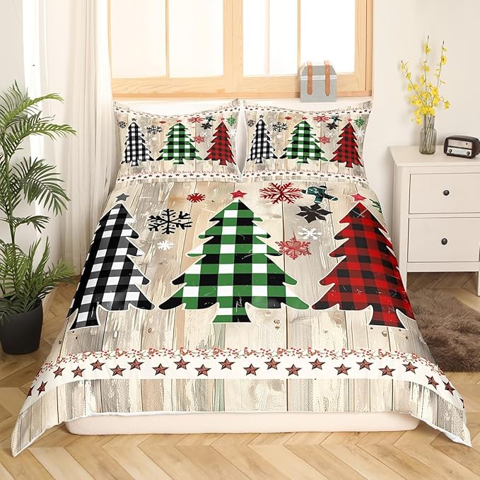 Manfei Xmas Plaid Trees Duvet Cover Set Queen Size, Western Texas Star Bedding Set 3pcs for Kids Boys Girls, Christmas Theme Comforter Cover Wooden Plank Quilt Cover with 2 Pillowcases,No Comforter