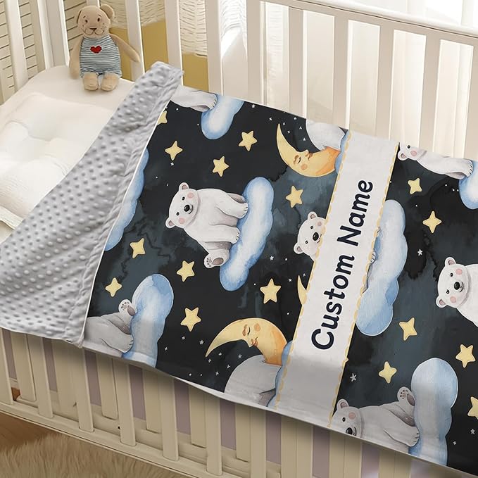 Custom Baby Blanket with Name, Double Layer Soft Dot Back Personalized Baby Blanket for Boys Girls, Polar Bear Blanket for Newborn Toddler, Customized Swaddle for Kids Birthday Gifts(60" x80)