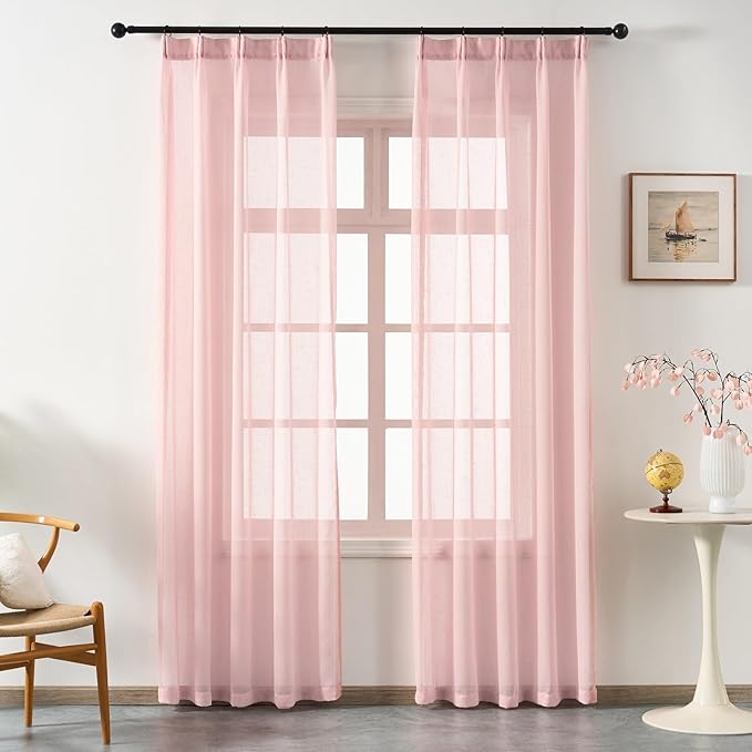 Blush Pink Sheer Curtains 102 Inch Long, Linen Look Textured Light Filtering Drapes for Girls Room, Light Pink Transparent Window Decor, Floor to Ceiling Pinch Pleat Curtain with Hooks