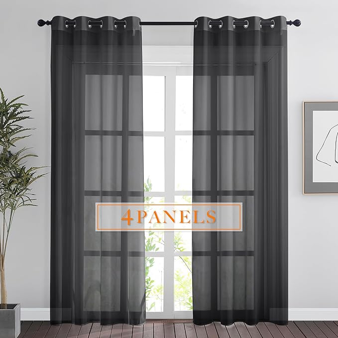 RYB HOME Light Filtering Curtains 84 Inches Long for Living Room, Lightweight Voile Airy Drapes Sheer Window Treatments Grommet Curtains for Kitchen Bedroom, Black, 54" W x 84" L, 4 Pieces