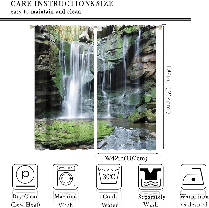Forest Waterfall Blackout Windows Curtains, Rocky Waterfall to Pond Running Off Scenic Nature Themed Picture Print Curtains, for Living Room Bedroom 84x84in 2 Panels
