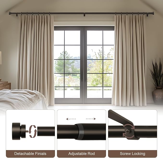 Modern Brown Curtain Rods for Windows 28 to 48 Inches Adjustable Length Heavy Duty 1" Diameter Window Curtain Rod with Decorative Finials for Outdoor Bedroom Kitchen Living Room