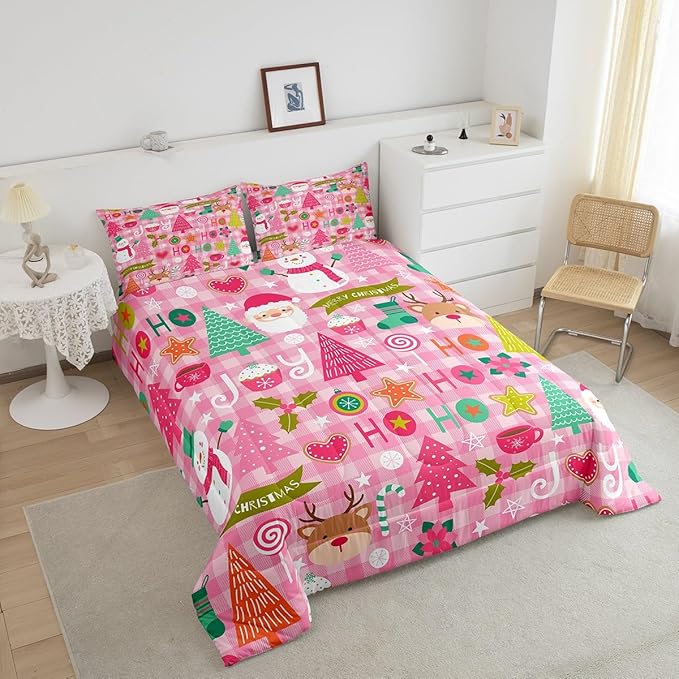 Merry Christmas Kids Comforter Set Queen Size,Cartoon Santa Claus Snowman Deer Xmas Bedding Set,Boys Girls Adults Room Decor,Geometric Grids Down Comforter,Pink Romantic Duvet Insert,2 Pillowcases