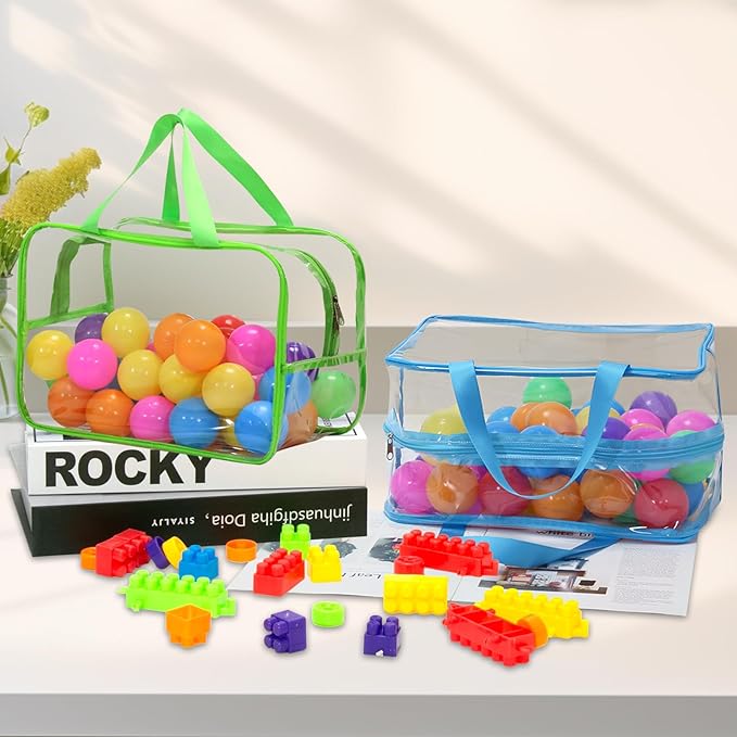 12.6 * 9.25 * 6.9 IN Extra Large Toy Storage Bags, 6 Packs Clear Colorful Waterproof Toy Organizer Bags with Labels, Dual Zippers and Portable Handheld Design, Board Game Storage for Building Blocks
