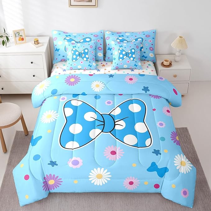 7 Pieces Blue Bowknot Kids Comforter Set Full,Daisy Flowers Geometric Dot Patchwork Bedding Set,Star Bow Tie Princess Cute Dreamy（Comforter+Fitted+Flat Sheet+2 Pillowcases+2 Throw Pillow Covers）