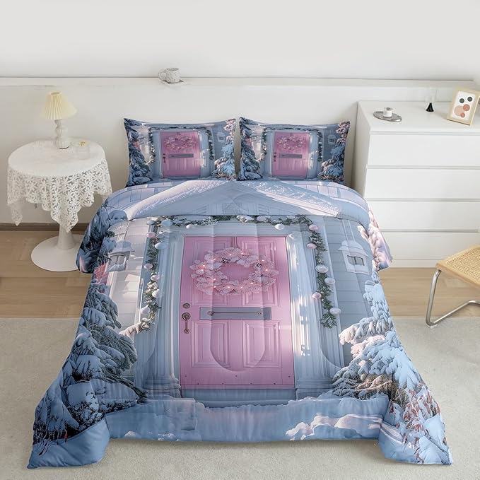 Feelyou Winter Snowscape Bedding Set Soft for Boys Girls, Merry Christmas Comforter Set Queen Size Pink Door Duvet Quilt Microfiber Garland Xmas Tree Bedroom Decor 3 Pcs with 2 Pillow Cases