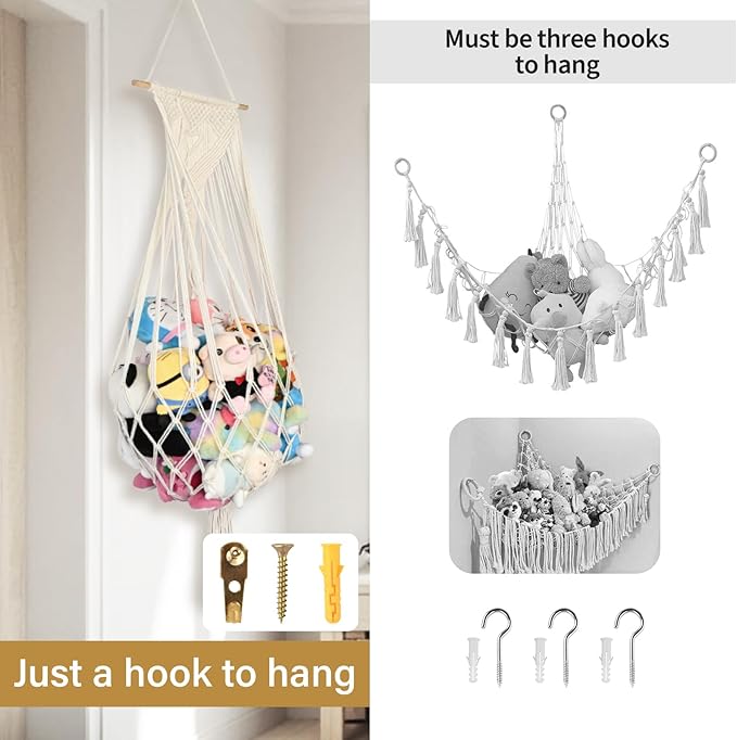 Stuffed Animal Storage, 5Ft Corner Hanging Stuffy Toy Hammock, Large Stuffed Animal Holder Organizer with Hooks, Macrame Plushie Net for Nursery Kids Playroom Bedroom Decoration (Cream)