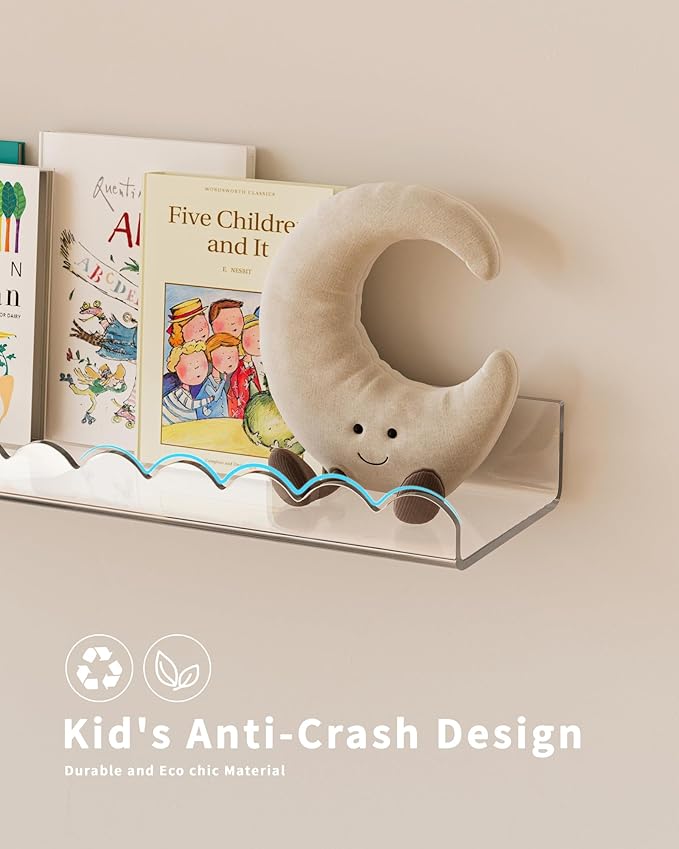 G&W Gruwald 4 Pack Clear 15.7 Inches Acrylic Book Shelf for Kids Room, Floating Kids Book Shelves for Wall, Nursery Book Shelves, Magazine Rack, Picture Ledge (Clear, 15.7)
