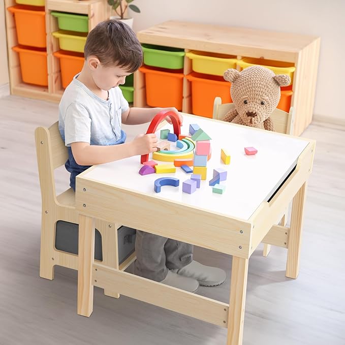 3 in1 Kids Table and Chairs Ages 3-7, Montessori Toddler Table and Chair Set with Versatile Tabletop and Storage Drawer, Kids Activity Desk for Home, Nursery and Playroom