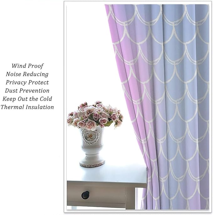 Fantasy Mermaid Curtain Rainbow Mermaid Scales Purple Pink Blue Ocean Theme Dream Blackout Window Treatment for Kids Boys Girls Bedroom Nursery Room Decor Rod Pocket Window Drapes 84x84in