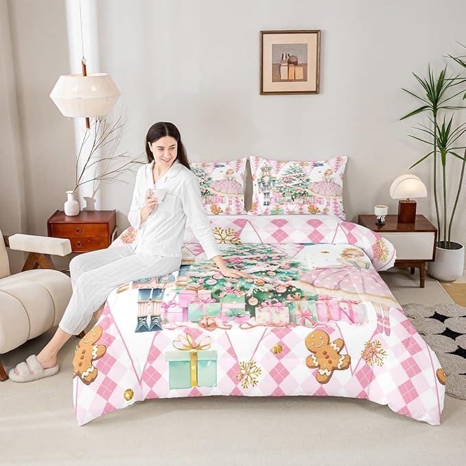 jejeloiu Christmas Nutcracker Comforter Set Twin Size Gingerbread Man Bedding Set for Kids Boys Girls Xmas Tree Duvet Quilt White Pink Bedroom Decor