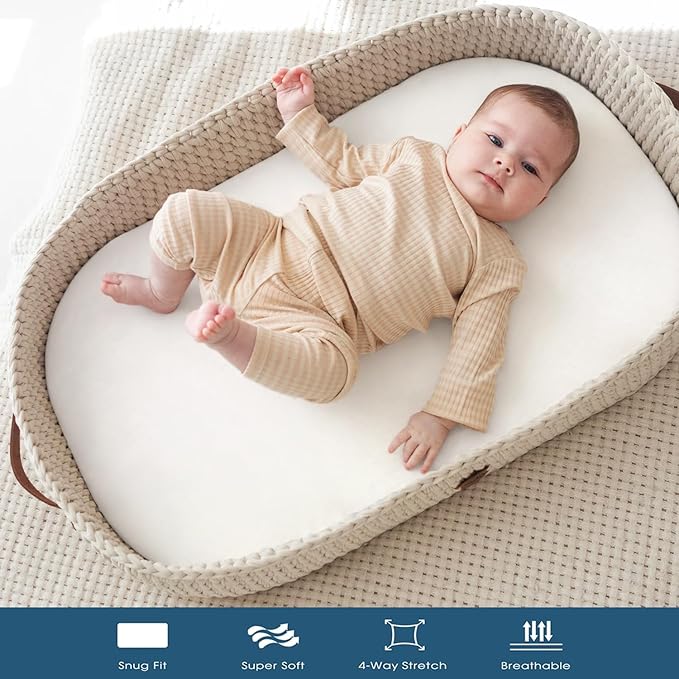 GRSSDER Stretchy Ultra Soft Fitted Bassinet Sheet 2 Pack, Universal Fit for Bassinets Baby Cradle Moses Basket Oval Rectangle Mattress Safe and Snug, Jersey Bassinet Sheets for Girls, White/Pink