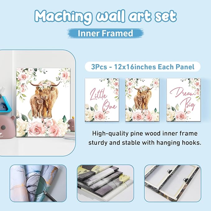 Personalized Baby Bedding Set: 5 Piece Custom Gift Rose Highland Cow Crib Bed Set with Name, Nursery Bedding Set for Baby Girls and Boys, Floral Crib Bedding Gifts (Fixed Size)