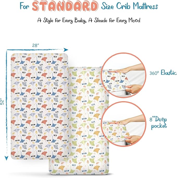 Threadmill Organic Baby Crib Sheets for Boys & Girls | 100% Organic Cotton Fitted Crib Sheet for Standard Crib Mattress | 2 Pack Unisex Cozy Toddler Sheets, Machine Washable | Rays
