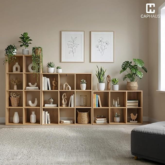 CAPHAUS 11-Inch Cube Storage Organizer Shelf, Home Storage Shelf Divider w/Back, 8-Cube Storage Bookcase, Natural Oak