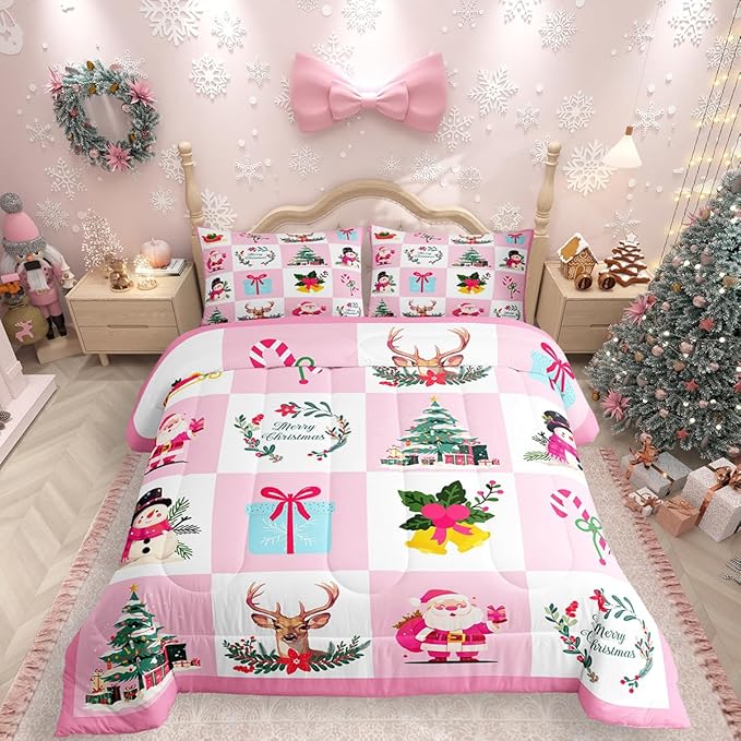 Erosebridal Merry Christmas Comforter Set for Kids Christmas Tree Quilt Toddler Size with 1 Pillow Case Santa Claus Xmas Decor Bedding Set Kawaii Snowman Bedding Comforter Sets,Pink
