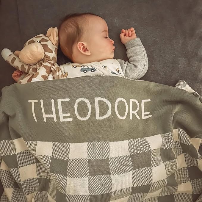 Personalized Gingham Name Blanket – 100% Organic Cotton Customized Baby Blanket, Custom Name, Bassinet 30x40, Gift for Baby Shower, Birthday Present, Girls and Boys, Toddlers Kids, Made In America