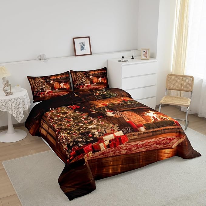 Vintage Xmas Comforter Set - Twin Size, Merry Christmas Tree Bedding Set for Kids, 2Pcs Pine Tree Luxury Duvet Insert, 1 Pillowcase