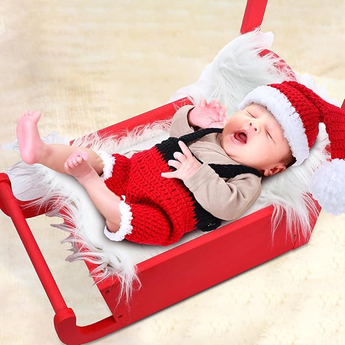 3 Set Christmas Newborn Photography Props Mini Red Sleigh Newborn Photography Basket Christmas Cap Crochet Santa Claus Outfits White Fur Blanket for Baby New Baby Photographic Props
