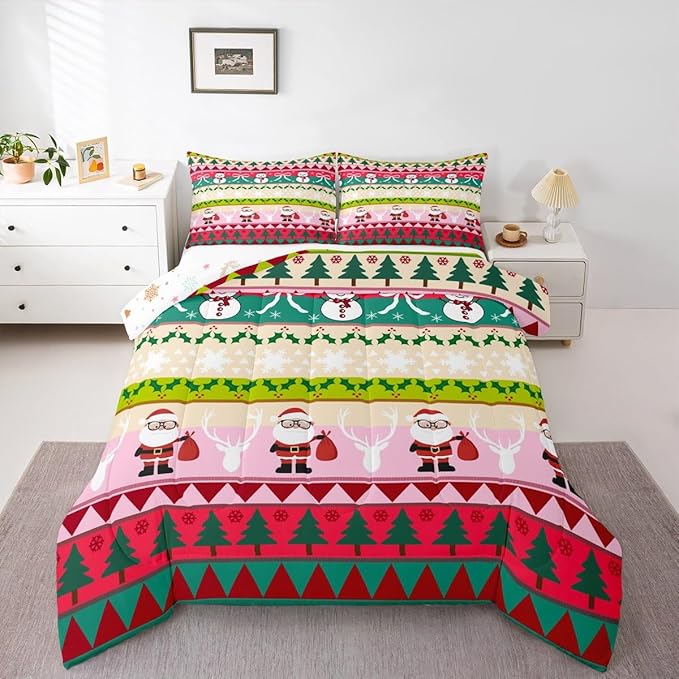 Feelyou Merry Christmas Tree Bedding Set Soft for Boys Girls, Cute Snowman Comforter Set Toddler Size Santa Claus Duvet Quilt Microfiber Cartoon Bowknot Bedroom Decor 2 Pcs with 1 Pillow Cases
