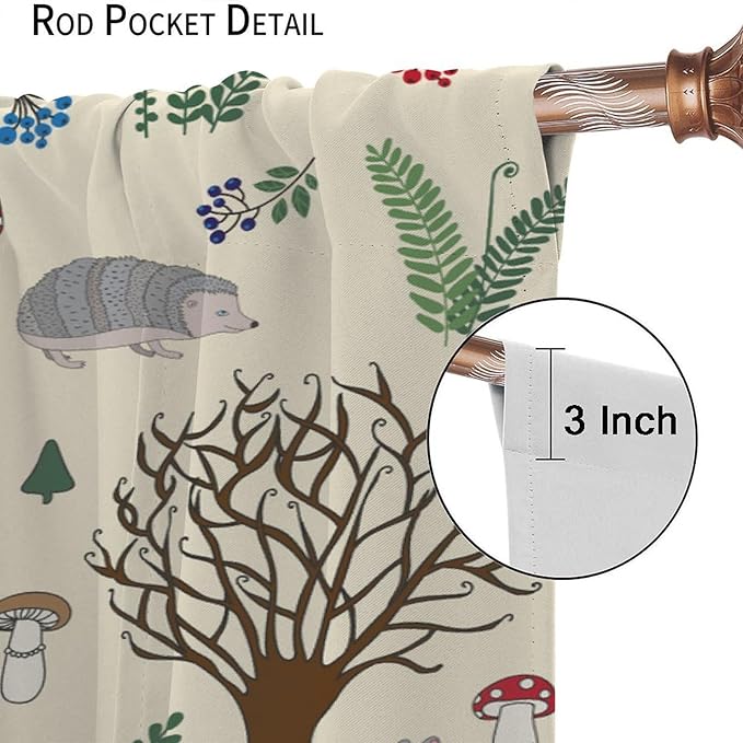 Kids Forest Animal Curtains, Rustic Cute Wild Animal Fox Deer Hedgehog Window Treatments Farmhouse Woodland Window Drapes for Girls Boys Nursery Toddler Bedroom 63x63in