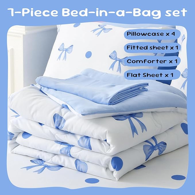 Wajade 7 Piece Blue Bow Comforter Set for Girls Kids Twin Size Bedding Set with Sheet and 2 Pillowcases 2 Pillow Shams Cute Girls Bed in a Bag as Birthday Choice