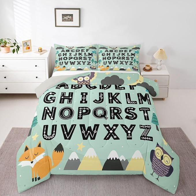 Feelyou Alphabet Kids ABC Learning Comforter Set All Season Cute Fox Bedding Set with 2 Pillow Cases Educational Nursery Art Microfiber Kids King Bedclothes Woodland Animals Bedroom Decor Duvet Quilt